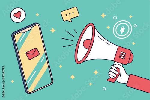 Digital marketing, smartphone megaphone, social media advertising, flat design illustration, teal background, hand holding mobile device, loud speaker icon, online promotion, vibrant colors, minimalis