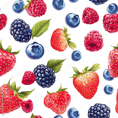 Berry texture pattern with strawberries, raspberries, blackberries, and blueberries. photo