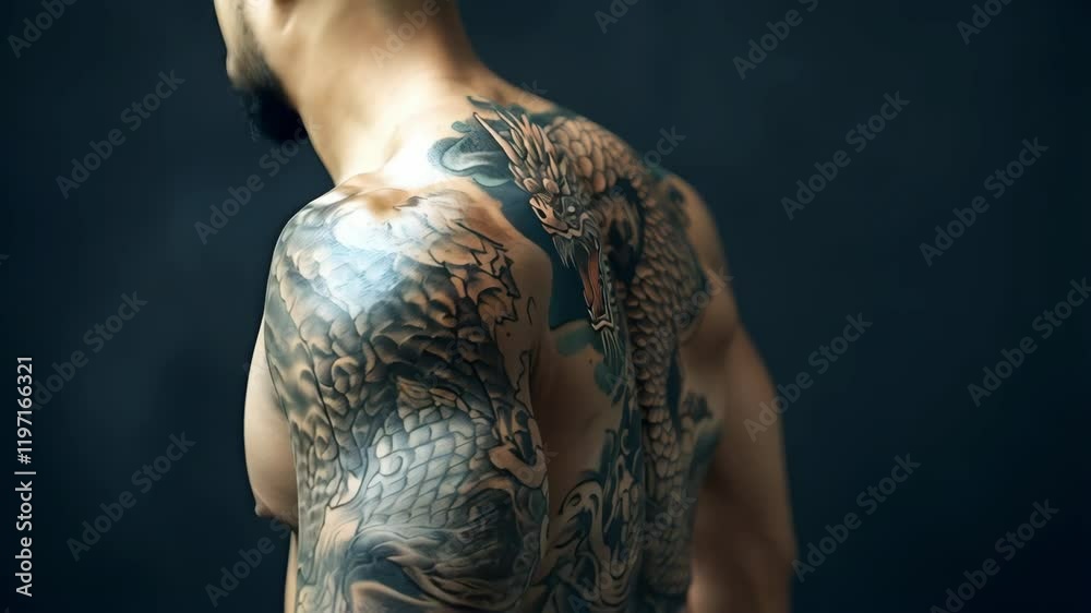 big tattoo of dragon on the muscular male back