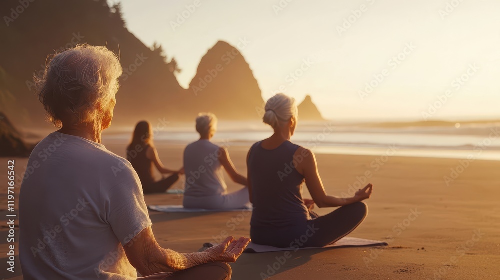 Group of Seniors Practicing Yoga on Scenic Beach During Peaceful Sunset Group of Seniors Practicing Yoga on Scenic Beach During Peaceful Sunset