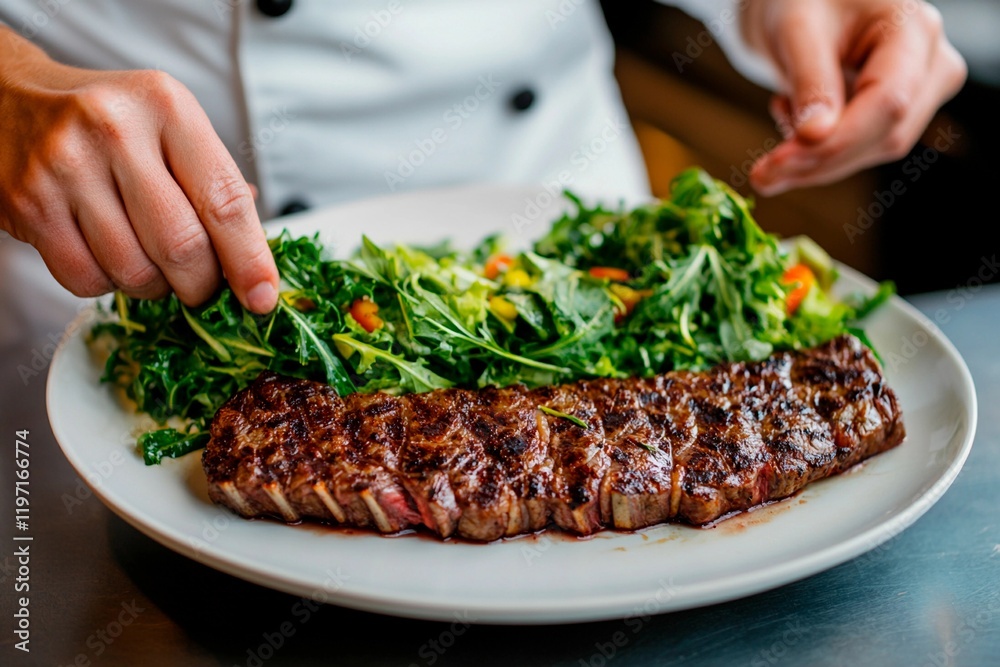 Culinary artistry unfolds with a perfectly grilled steak and fresh leafy greens on a plate Culinary artistry unfolds with a perfectly grilled steak and fresh leafy greens on a plate