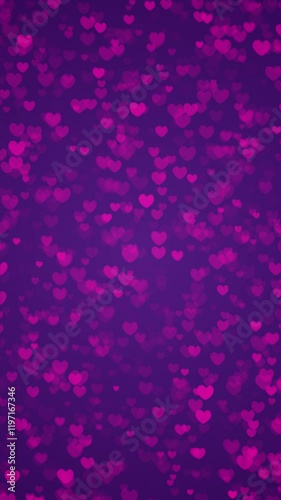 Violet Hearts Background Vertical Loop. Elegant motion graphic with hearts and violet background, seamless loop, vertical resolution.
