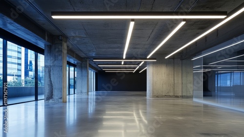 Industrial space with modern LED lighting, concrete ceiling textures in focus, creating a dynamic blend of modern and industrial design elements.
