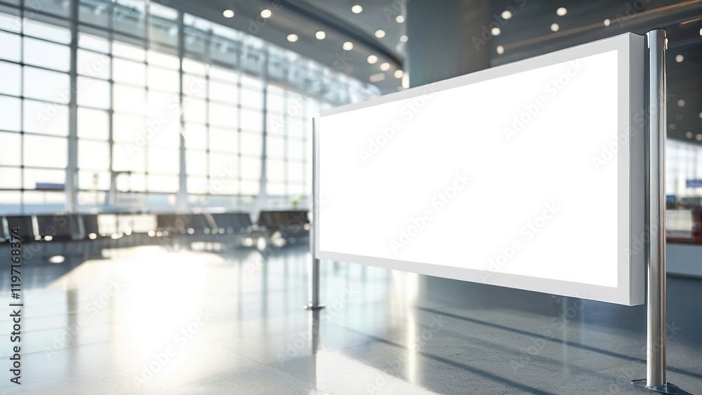 Empty advertising display in a modern airport terminal with bright natural light and spacious design Empty advertising display in a modern airport terminal with bright natural light and spacious design