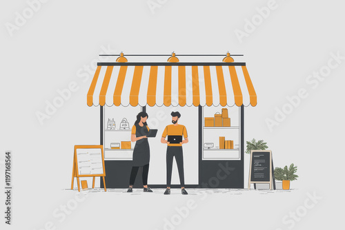 Man standing outside of a small store urban scene with shopfront casual attire daylight city life retail space outdoor setting street environment local business human element