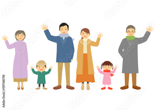 手を振る冬服の家族のイラストのセット
