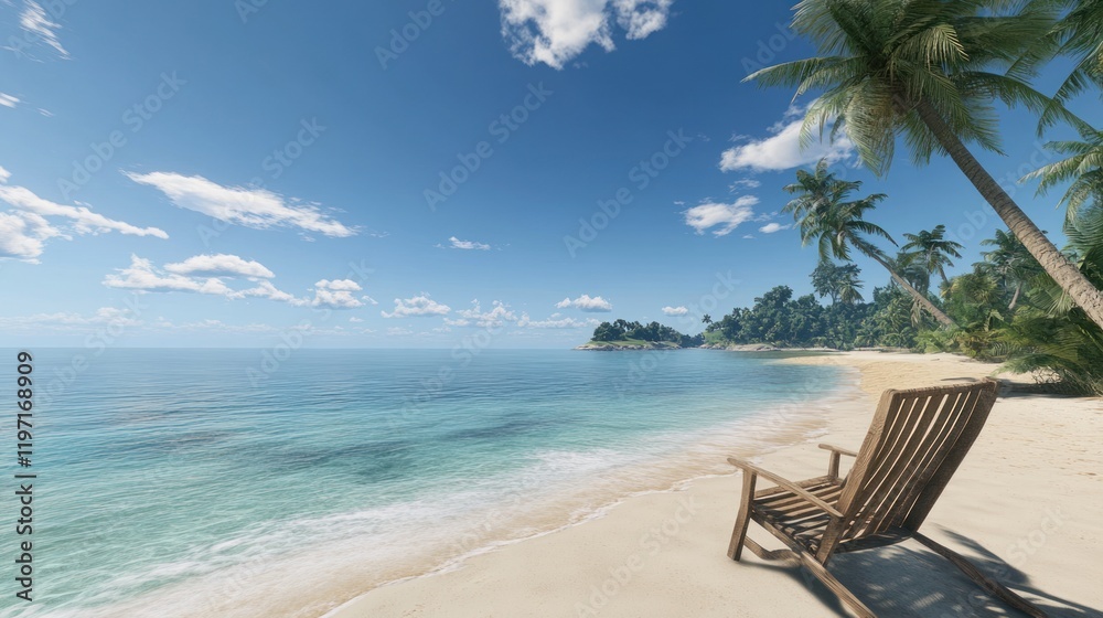 Beach chair on sand, clear water, island, blue sky for holiday, travel, or tourism use Beach chair on sand, clear water, island, blue sky for holiday, travel, or tourism use