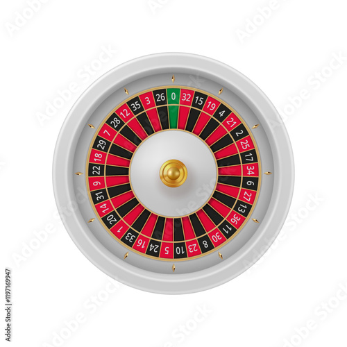 Casino gambling games risking, betting and winning money. Vector isolated wooden roulette wheel with numbers and slots. Playing and getting jackpot, gambler achieving richness and wealth