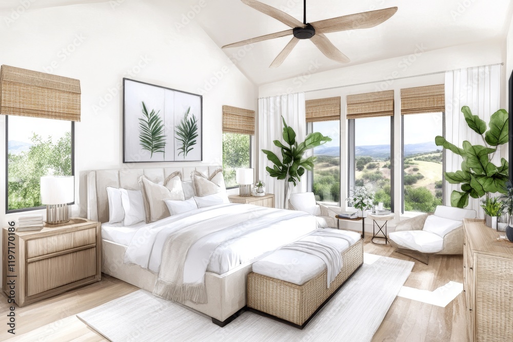 Fototapeta premium A dreamy watercolor illustration of a serene bedroom with neutral tones, soft lighting, and artistic brushstroke textures
