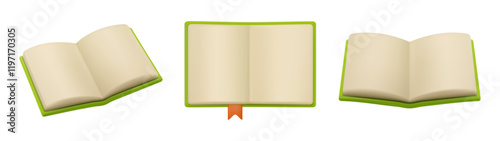 Open book with bookmark, dictionary or encyclopedia, notebook or textbook, students booklet brochure. Vector illustration of green 3D books in realistic design, cartoon dairy in hardcover paperback