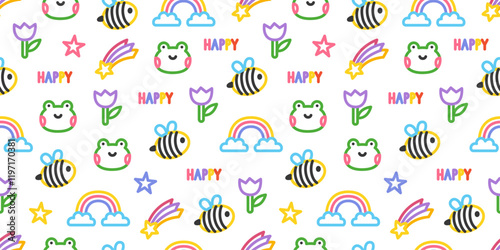 Wallpaper Mural Seamless pattern featuring cute bees, rainbows, frogs, tulips, stars, and the word 'happy' on a white background. A cheerful  design perfect for kids, spring and summer themes, and joyful projects. Torontodigital.ca
