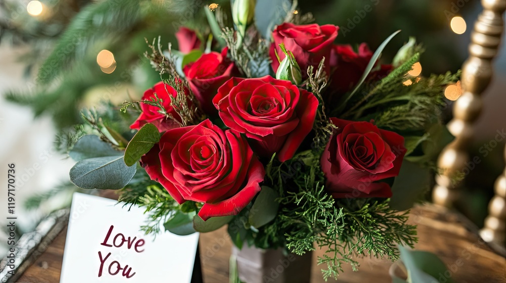 Obraz premium A bouquet of red roses with delicate greenery, arranged on a rustic table with a romantic I Love You card nearby.