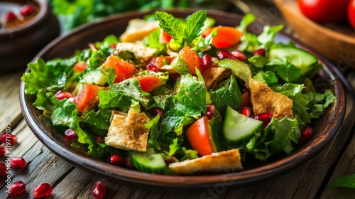 A delightful plate of Lebanese fattoush salad with crispy pita chips, lettuce, tomatoes photo