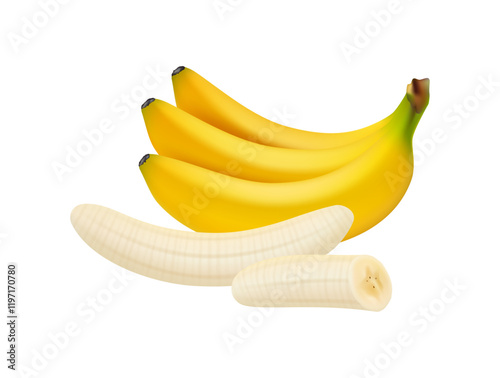 Bunch of yellow bananas tropical food isolated fresh summer fruit, organic subtropical delicious eating. Vector illustration of realistic bananas, healthy summer food snack