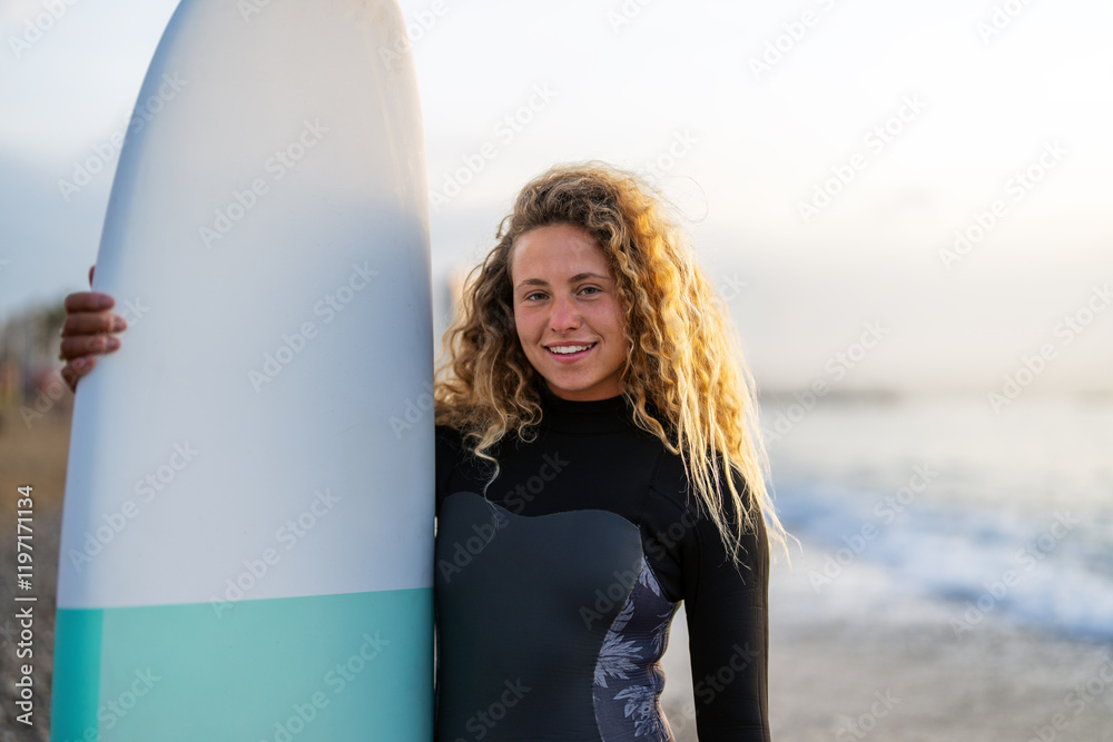 Ταπετσαρία Portrait of a young happy woman, surfing and enjoying summer vacation on the bea