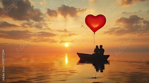 A couple on a romantic boat ride at sunset, with a red heart-shaped balloon floating above them. photo