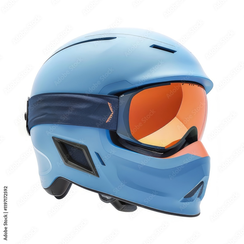 A blue ski helmet with an integrated visor and orange lenses for winter sports protection. isolated on white background A blue ski helmet with an integrated visor and orange lenses for winter sports protection. isolated on white background