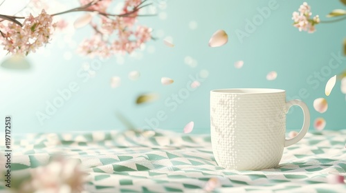 Serene Morning Scene with Floral Accents and White Coffee Mug