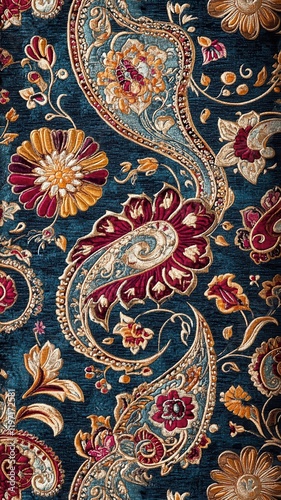 Intricate paisley patterns in jewel tones, richly textured for fashion or upholstery