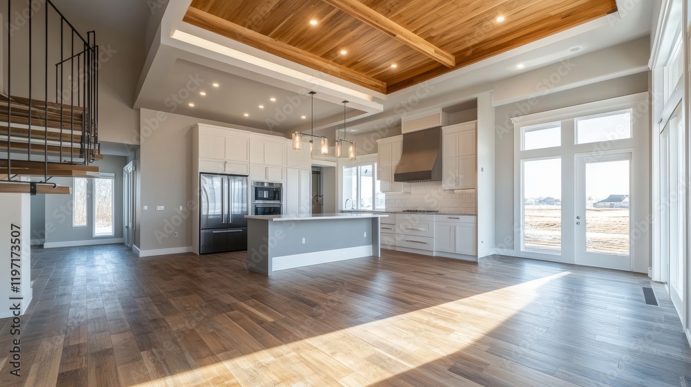 Modern construction materials used for suspended ceiling and drywall in a house, highlighting contemporary interior design trends Modern construction materials used for suspended ceiling and drywall in a house, highlighting contemporary interior design trends