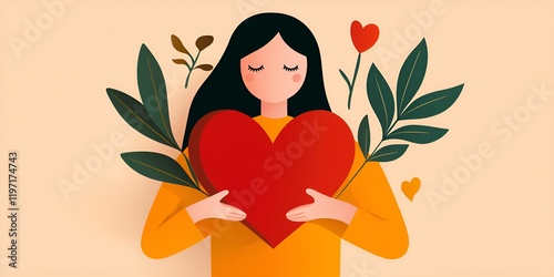 Health info tips concept. A woman holds a large heart surrounded by leaves and flowers, symbolizing love and nature.
