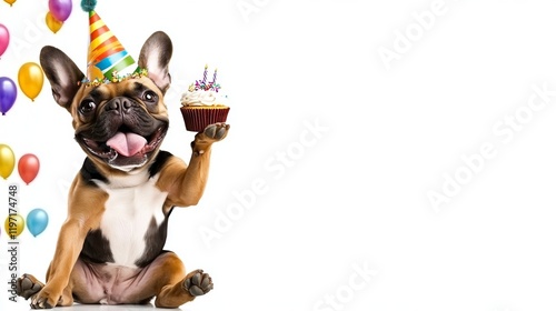 Charming French Bulldog Celebrates Birthday with Cupcake in Colorful Party Hat Surrounded by Festive Balloons photo