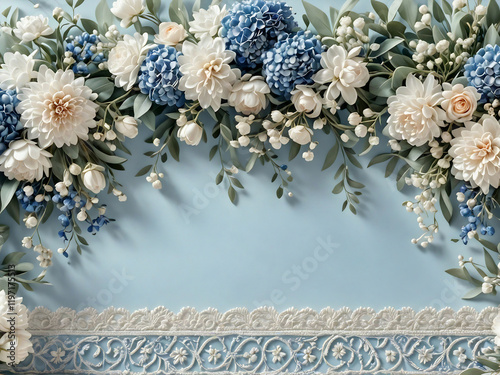 Feminine White and Blue Floral Frame with Silk Fabric Touches on a Pastel Blue Background