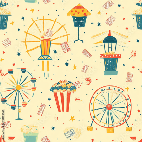 Carnival texture pattern with ferris wheels, popcorn, tickets, and funfair items on a yellow background. photo