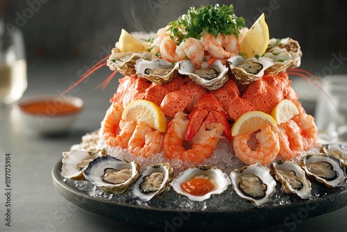 Seafood extravaganza with vibrant shrimp and fresh oysters served on a frosty platter photo