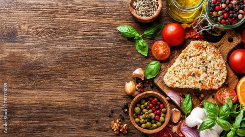 Delicious food ingredients on wooden table. Recipe background