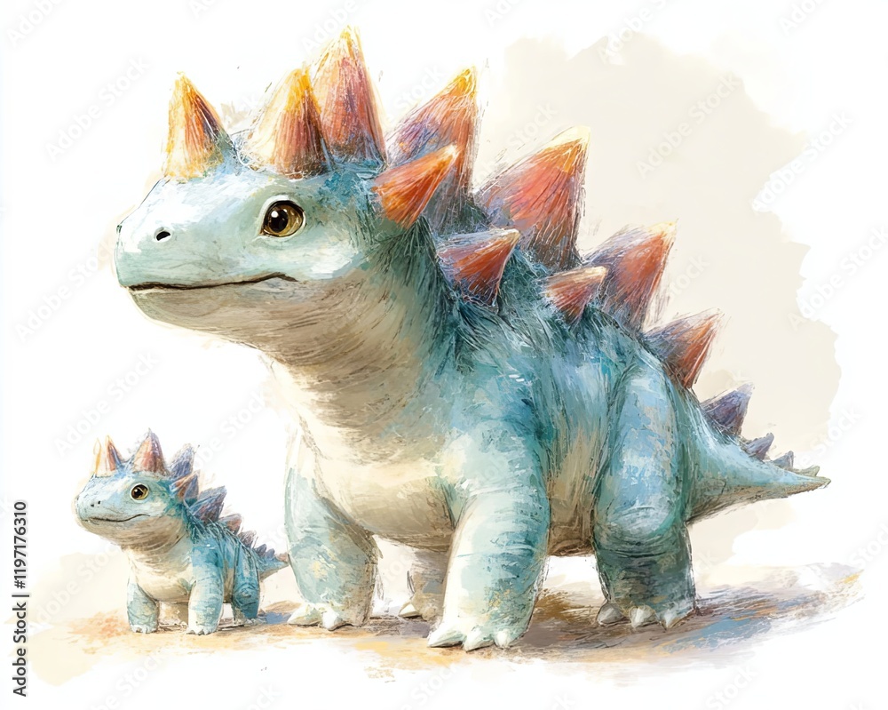 Fototapeta premium Baby Stegosaurus and Parent in Playful Setting