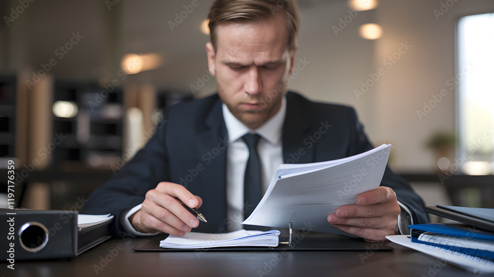 Businessman Reviewing Documents with Focused Expression at Desk Businessman Reviewing Documents with Focused Expression at Desk