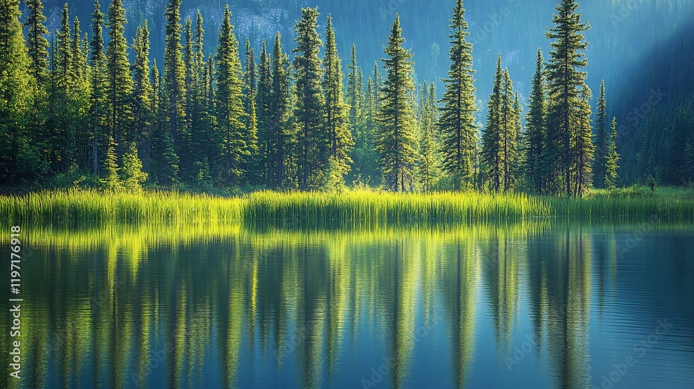 Calm lake reflecting pine forest at dawn; nature background Calm lake reflecting pine forest at dawn; nature background