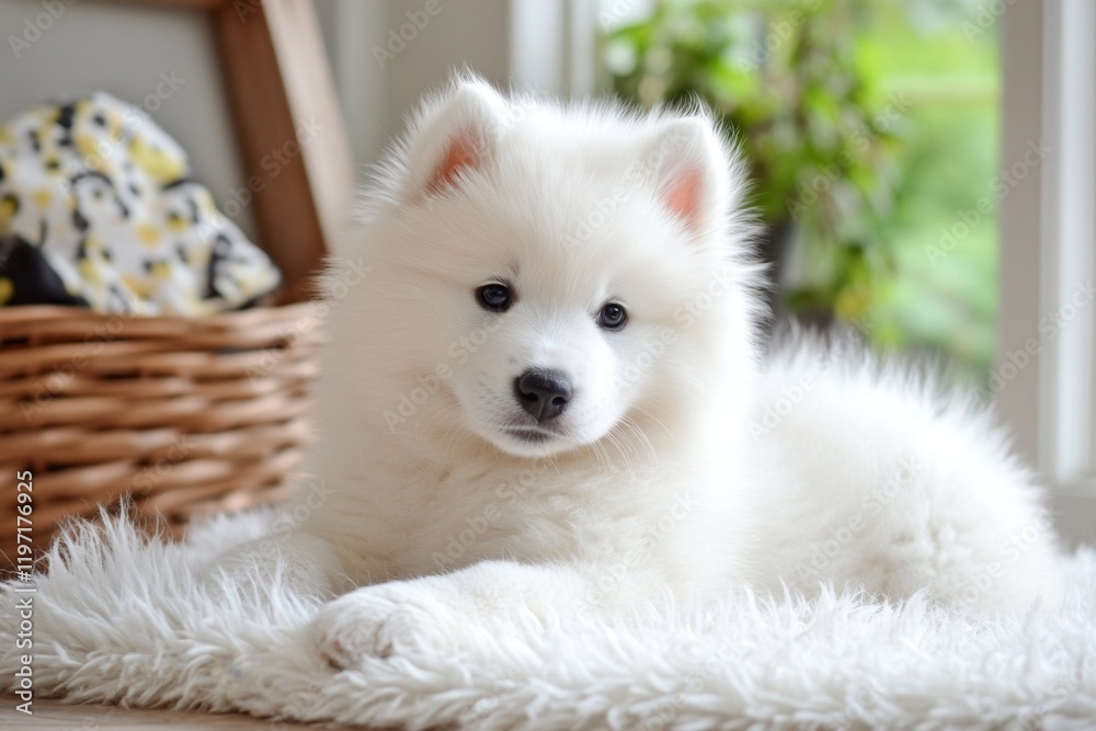 A fluffy white puppy lying on a shaggy white rug, looking playfully at the camera A fluffy white puppy lying on a shaggy white rug, looking playfully at the camera