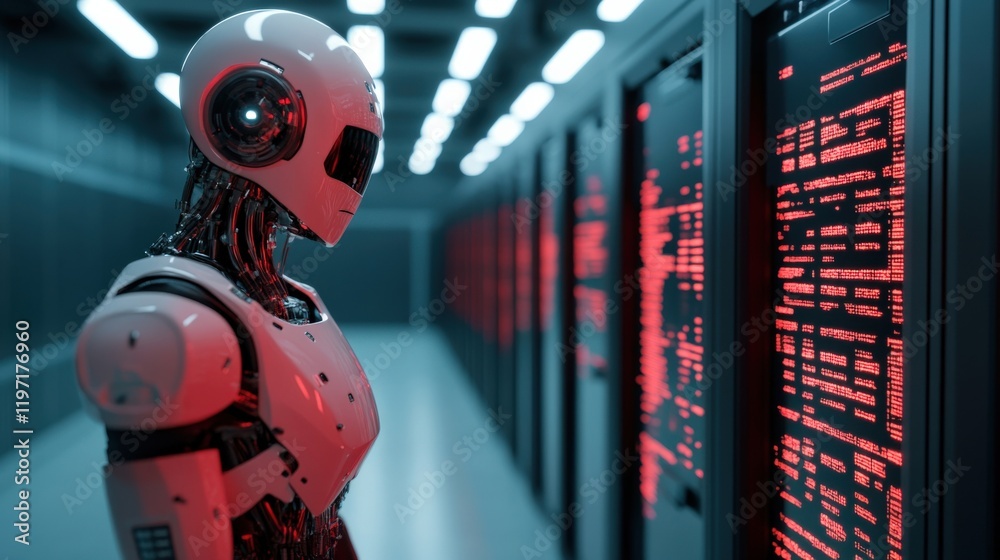 Fototapeta premium Futuristic Android in Data Center with Red Lighting and Technology Background for Science Fiction and Innovation Themes