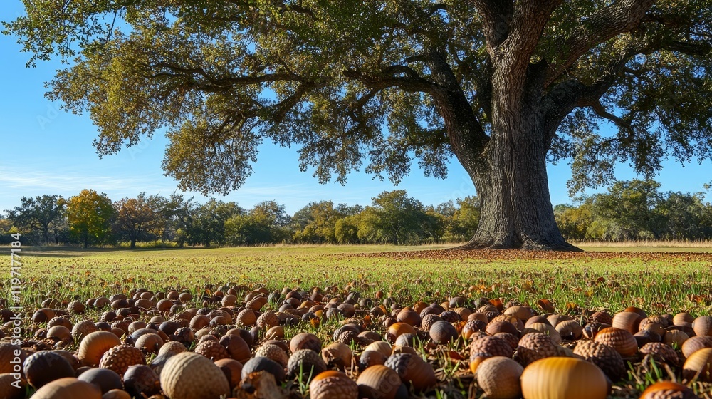 Fototapeta premium Large tree, autumn ground, many acorns.