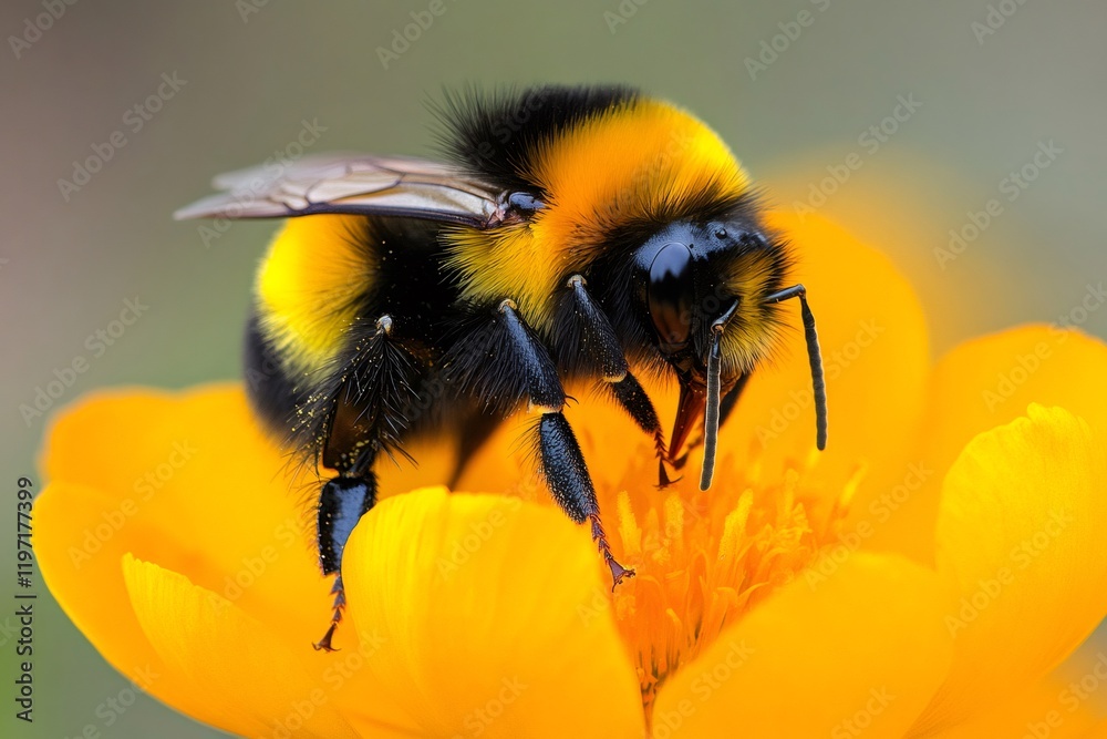 Bumblebee pollinating bright yellow flower in summer meadow Bumblebee pollinating bright yellow flower in summer meadow