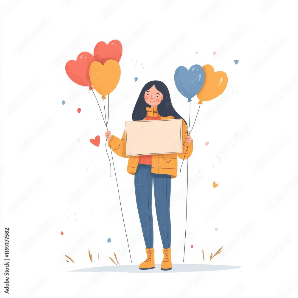 cheerful woman holds colorful heart shaped balloons and blank sign, ready to share message. playful atmosphere is perfect for celebrations or announcements cheerful woman holds colorful heart shaped balloons and blank sign, ready to share message. playful atmosphere is perfect for celebrations or announcements