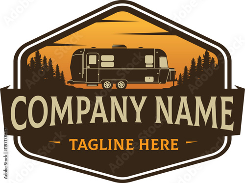 RV Camper Emblem Logo vector. Best for Camping with pine Logo Design