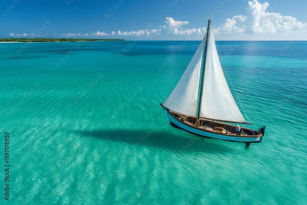 Fototapeta premium Traditional wooden sailing boat navigating crystal clear turquoise water near tropical island