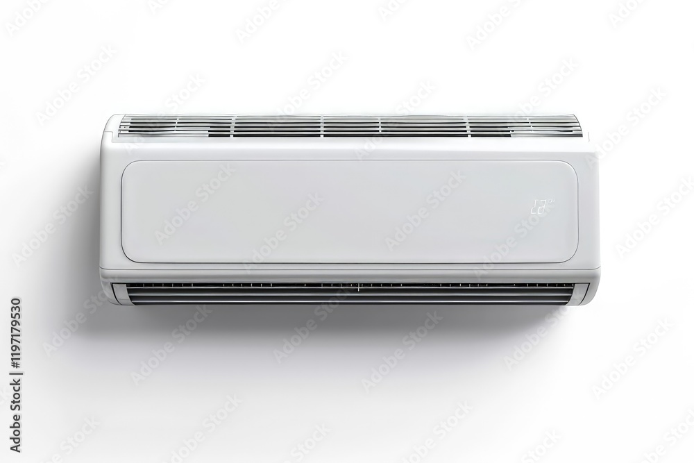 A modern air conditioning unit mounted on a wall, designed for cooling indoor spaces. isolated on white background A modern air conditioning unit mounted on a wall, designed for cooling indoor spaces. isolated on white background