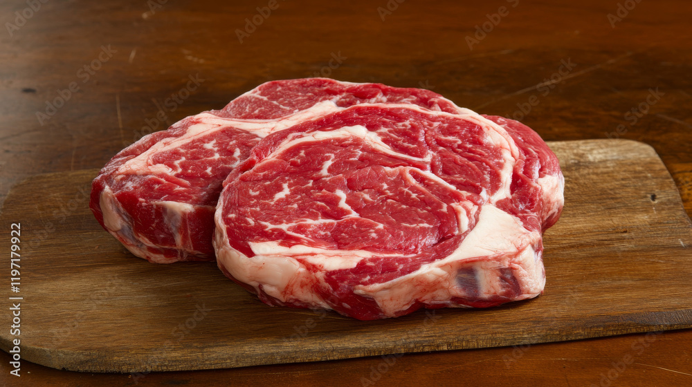 Raw Ribeye Steaks on Wooden Cutting Board Raw Ribeye Steaks on Wooden Cutting Board