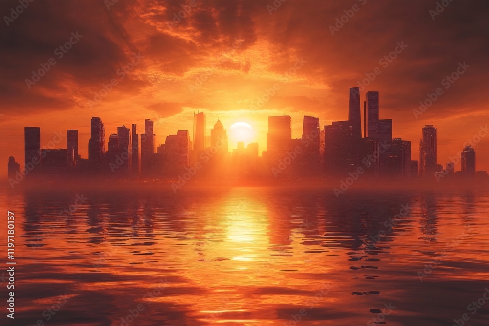 Fototapeta premium Skyline reflecting on water during amazing sunset over metropolis