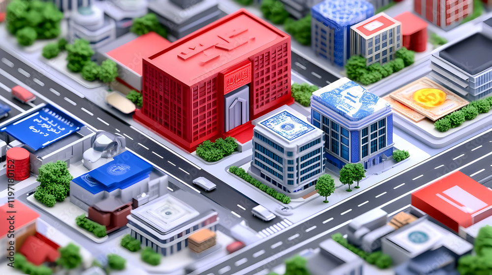 3D Cityscape Illustration: Urban Blocks and Currency 3D Cityscape Illustration: Urban Blocks and Currency
