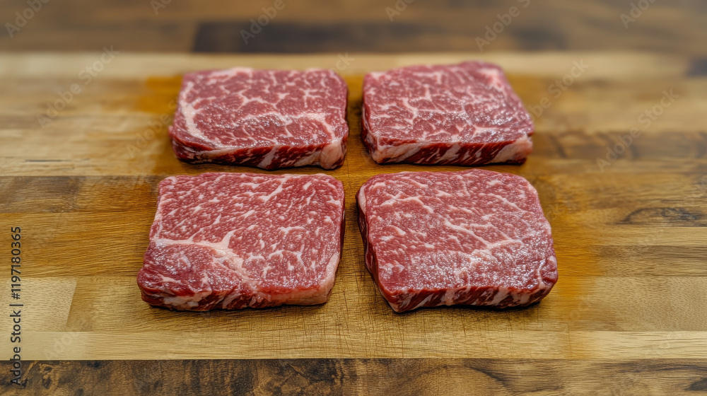 Four Raw Wagyu Beef Steaks on Wooden Cutting Board Four Raw Wagyu Beef Steaks on Wooden Cutting Board