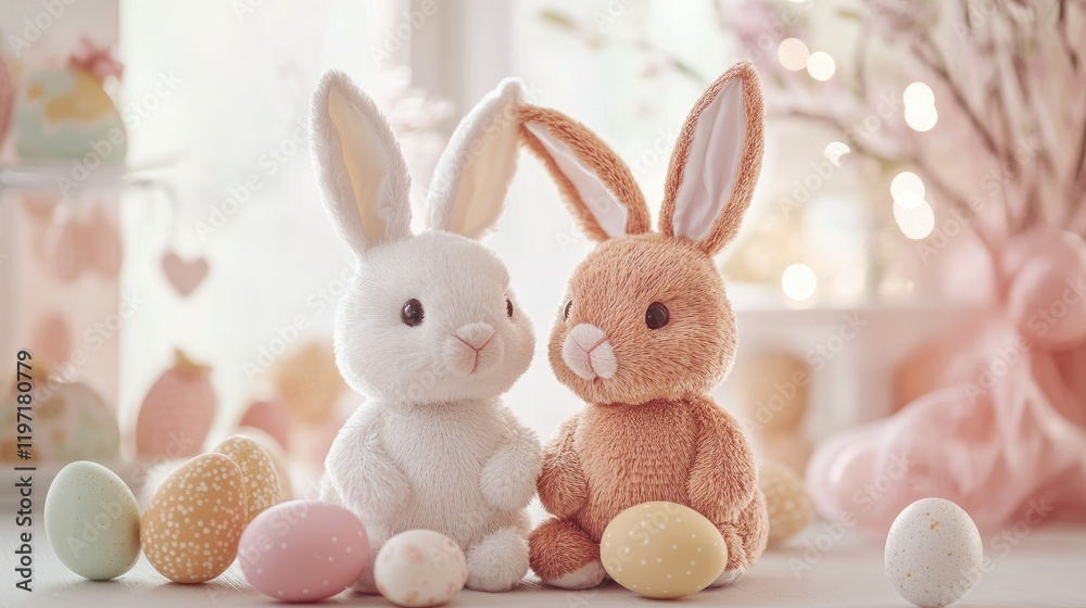 A pair of adorable Easter bunnies, one white and one brown, surrounded by colorful Easter eggs and soft pastel spring decor.