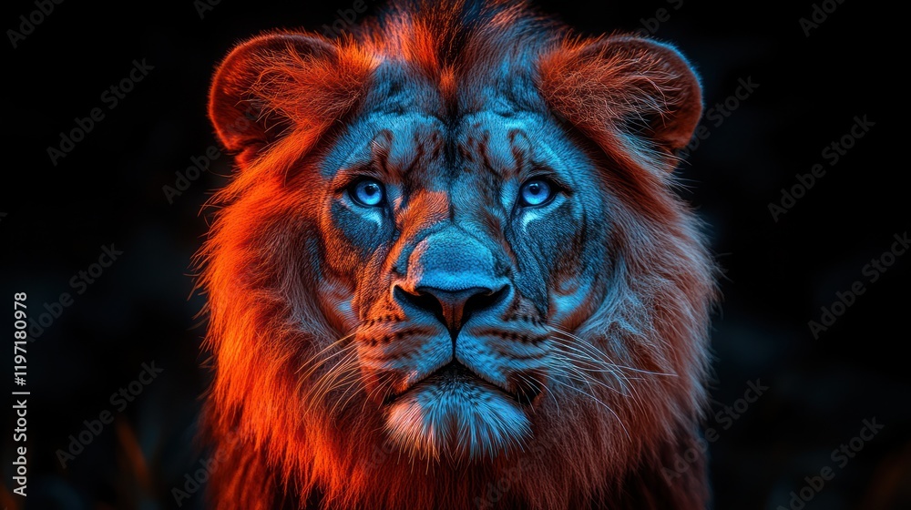 Fototapeta premium Majestic lion portrait, night, illuminated, wildlife, power