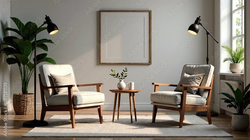 Fototapeta premium Podcast Interview Studio - Two Chairs, Microphones, Bright Room