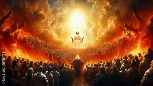 Souls judged in heaven and hell by jesus after the second coming, filled with fear, awe, worship, and praise, reflecting themes of faith and salvation. Ultimate destiny on judgment day photo