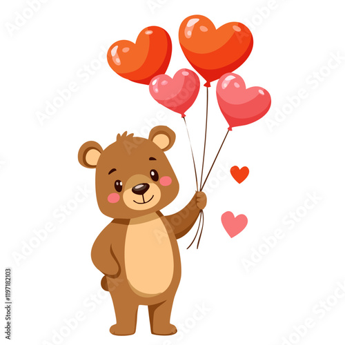 Cute teddy bear holding heart-shaped balloons vector cartoon illustration. Valentine's Day card and love wish. Adorable print and invitation.